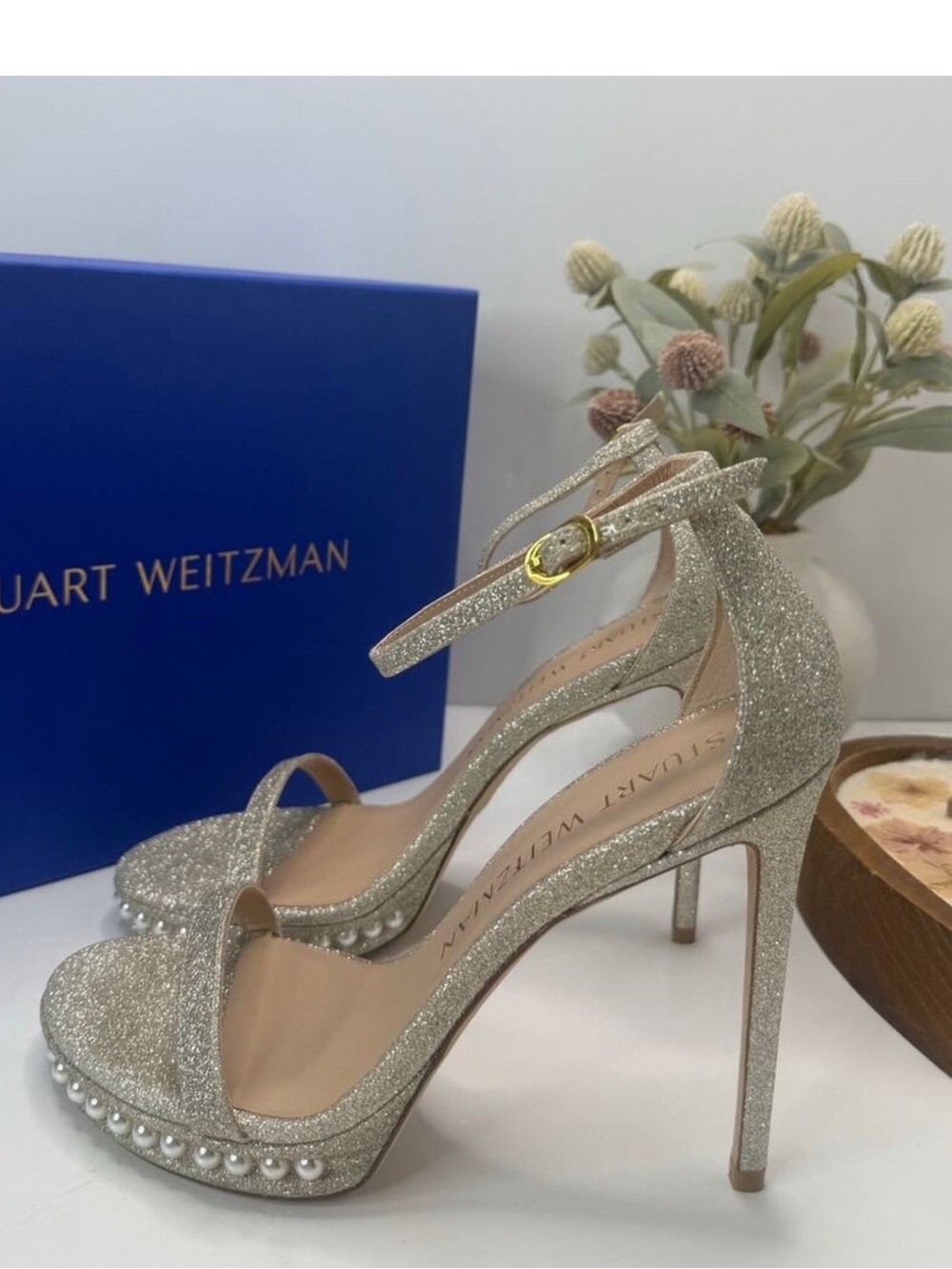 Stuart Weitzman Silver Glitter Pearl-Trim High Heel Sandals 8 B